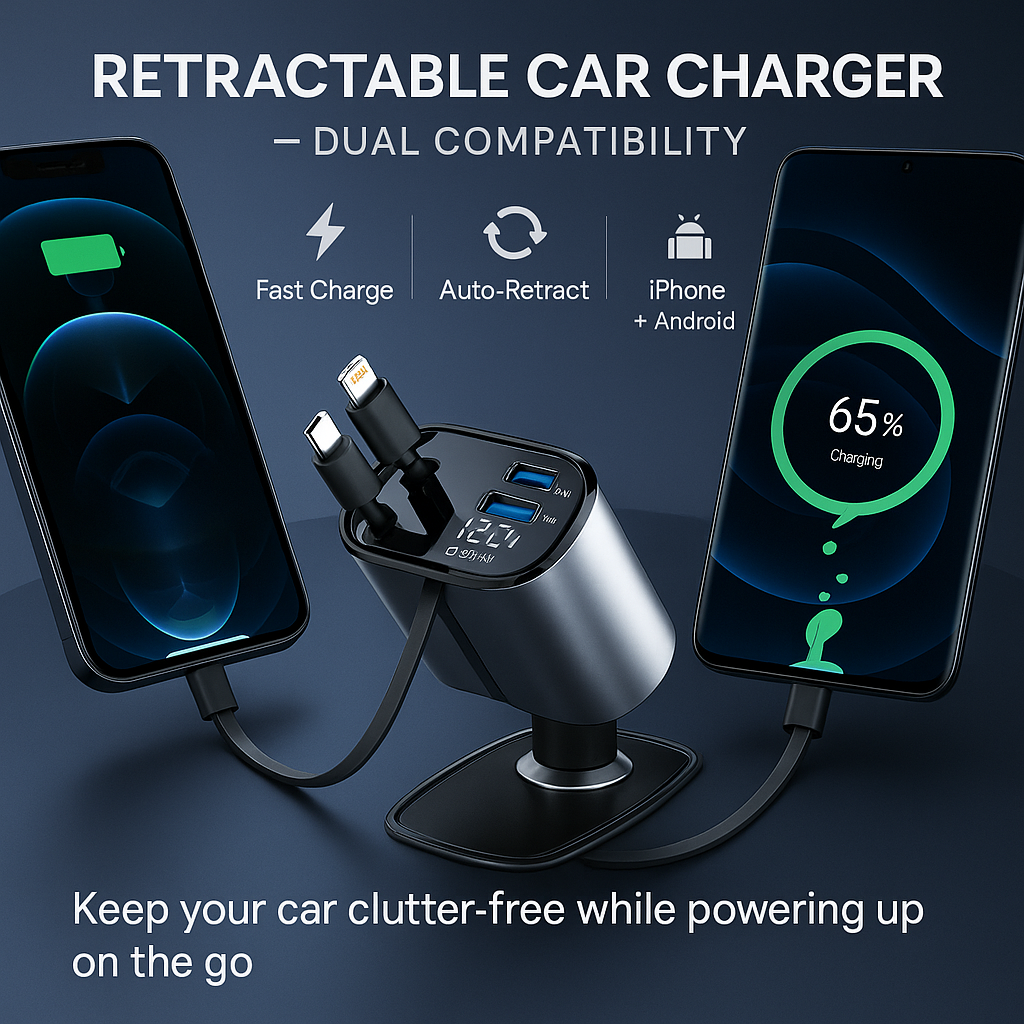 Retractable Car Charger for iPhone and Android Smartphones