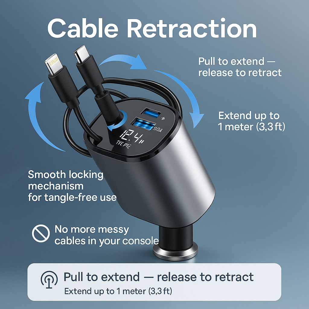 Retractable Car Charger for iPhone and Android Smartphones