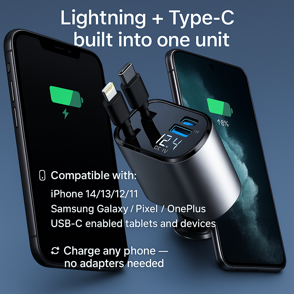 Retractable Car Charger for iPhone and Android Smartphones