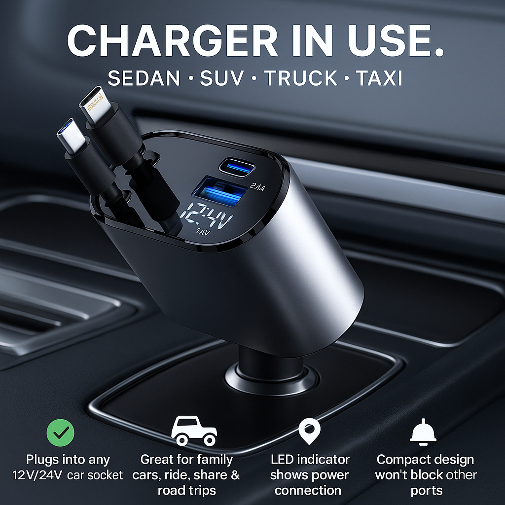 Retractable Car Charger for iPhone and Android Smartphones