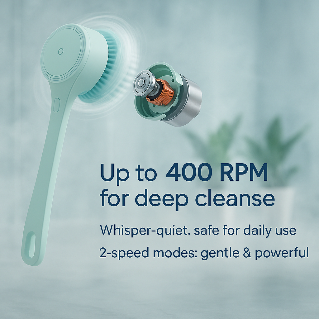Electric Bath Brush with 5 Replaceable Heads – Long Handle, USB Rechargeable, Deep Cleansing & Exfoliating Body Scrubber
