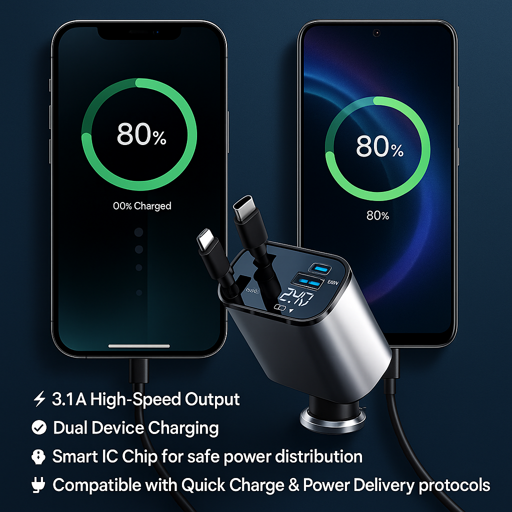 Retractable Car Charger for iPhone and Android Smartphones
