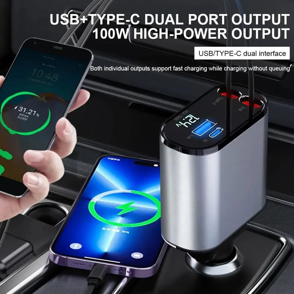 Dual port retractable car phone charger